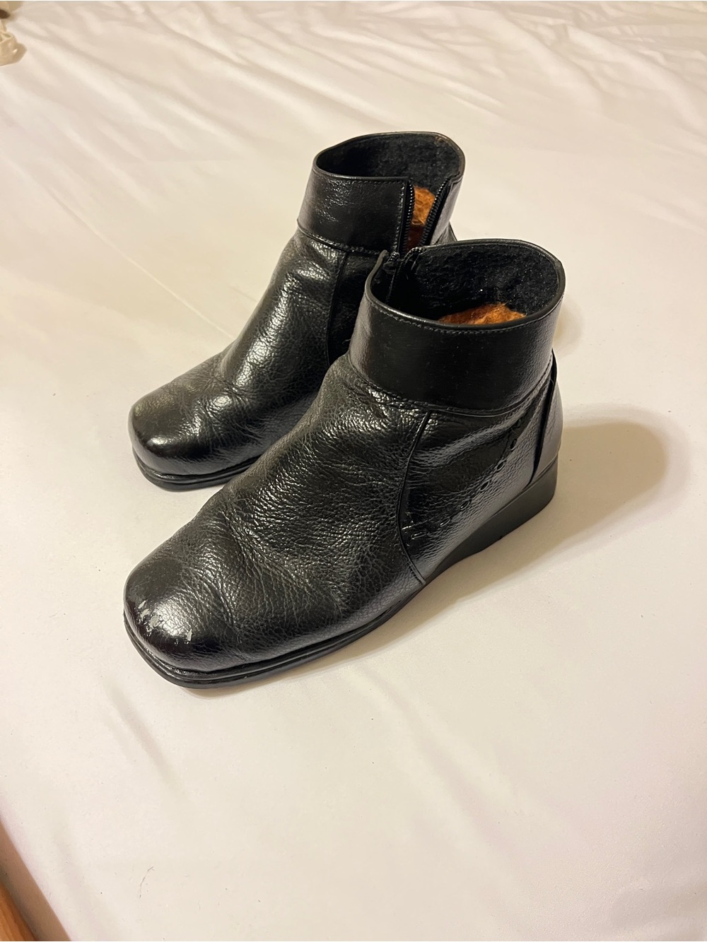 Black Leather Ankle Boots Faux Fur Lined Side Zip Wedge